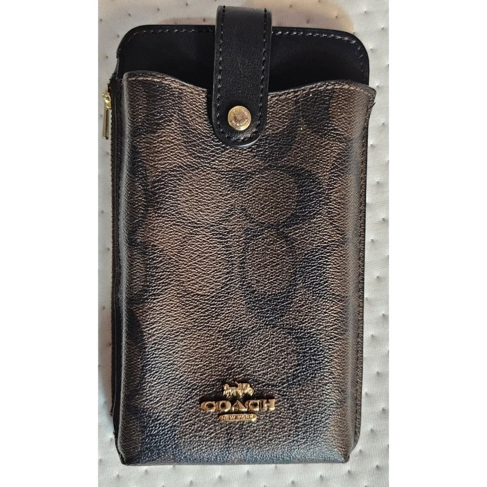 AS IS Coach North/South Signature Logo Phone Crossbody Brown/Black Leather C7397